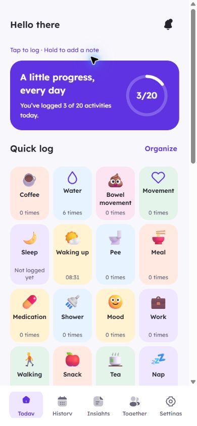 Life Logger quick-log screen with activity tiles