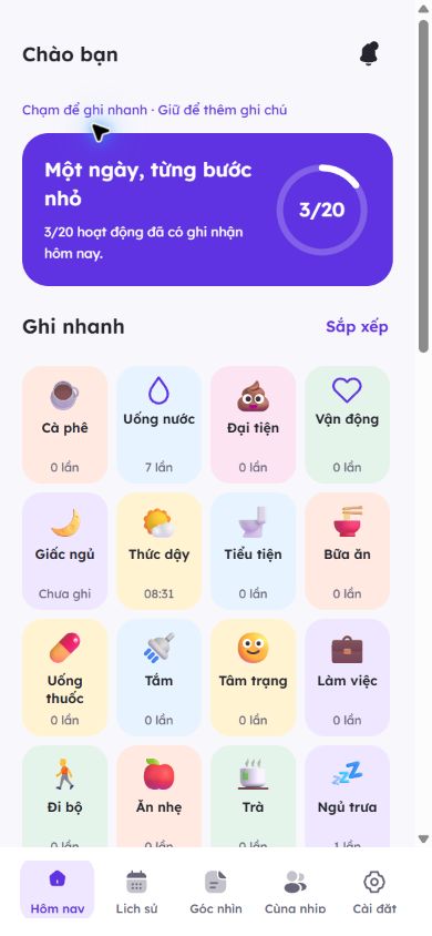 Màn hình ghi nhanh Life Logger với các ô hoạt động